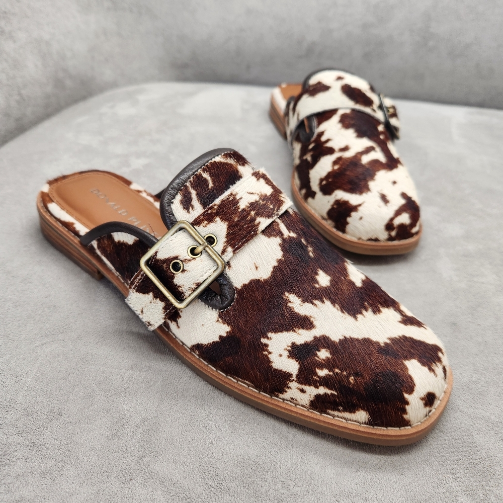 Donald Pliner Mules 8.5 Brown White Cow Hair Calf Leather Sabel Comfort New $200 - Picture 2 of 16